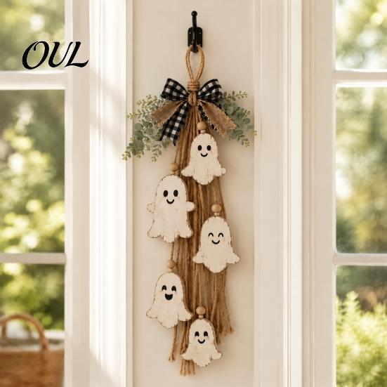 Cute Ghost Gift for Home Halloween Rustic Wall Hanging Decor with Wood Beads & Hemp Rope, Farmhouse Easy To Hang Porch Pendant Living Room Bedroom And