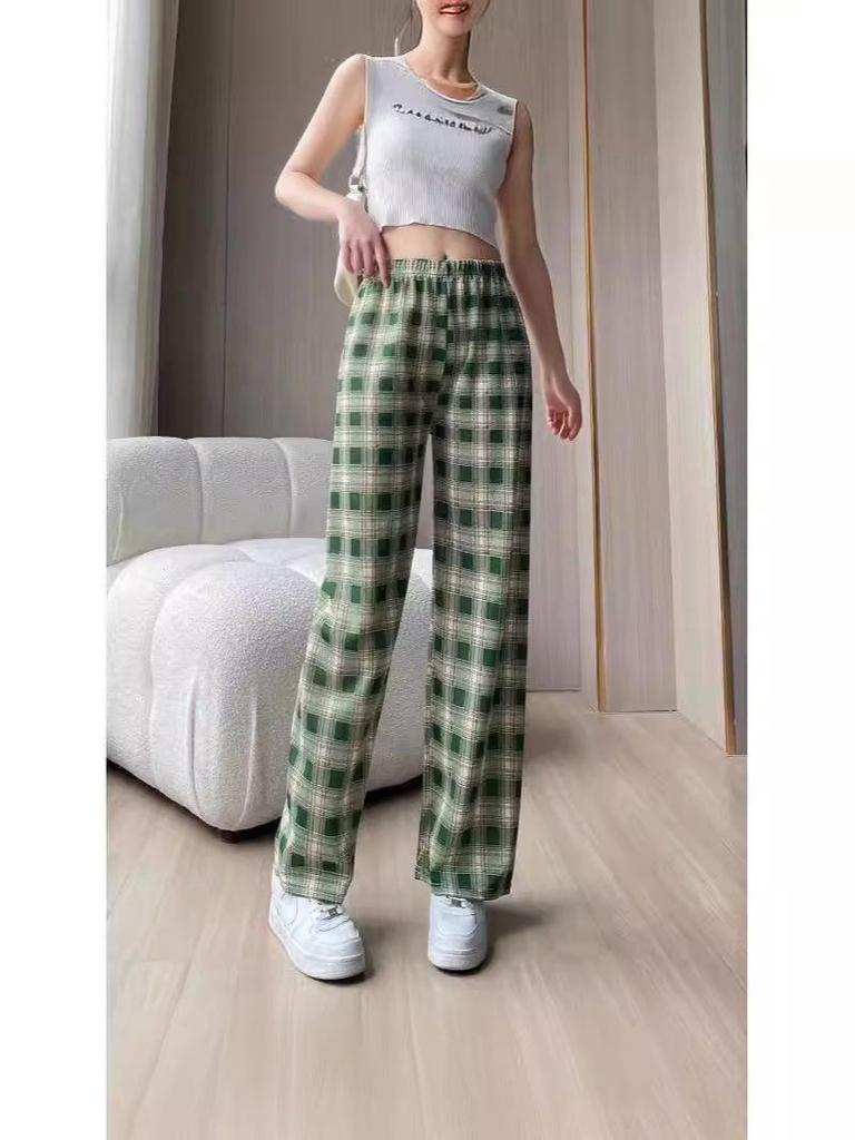 2024 Trendy Korean Plaid Wide-Leg Pants for Women - Slimming, Versatile, and Stylish for Spring/Summer