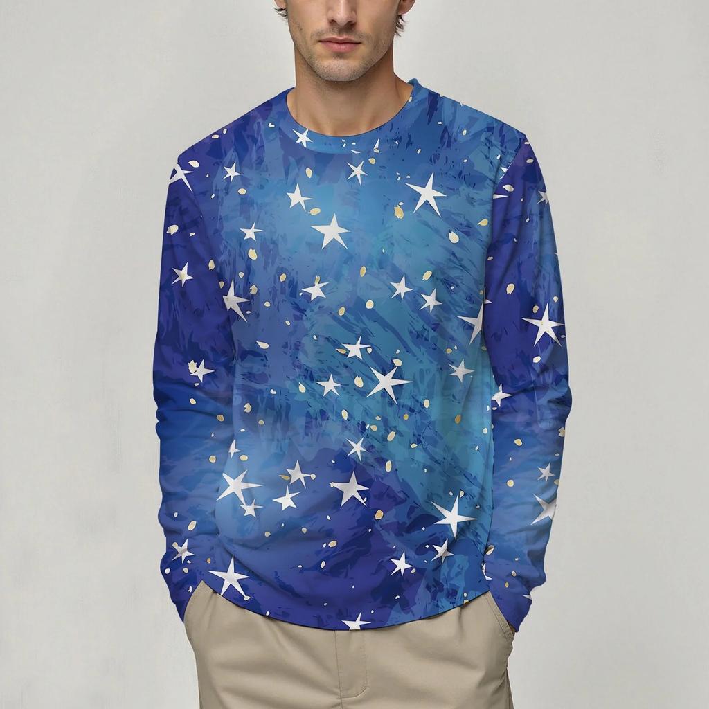 3D 5-Pointed Star Pattern Printed Top Casual Long Sleeved Men's T-shirts - Soft Medium Stretch Polyester Fabric Spring and Autumn Relaxed Fit Clothing