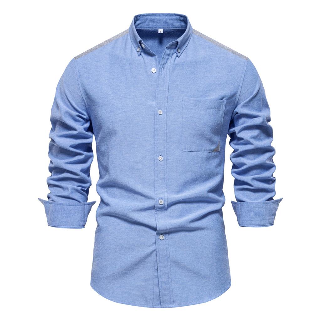 Men's Oxford Textile Shirt Casual Versatile Fashion Color Blocking Long Sleeved Top
