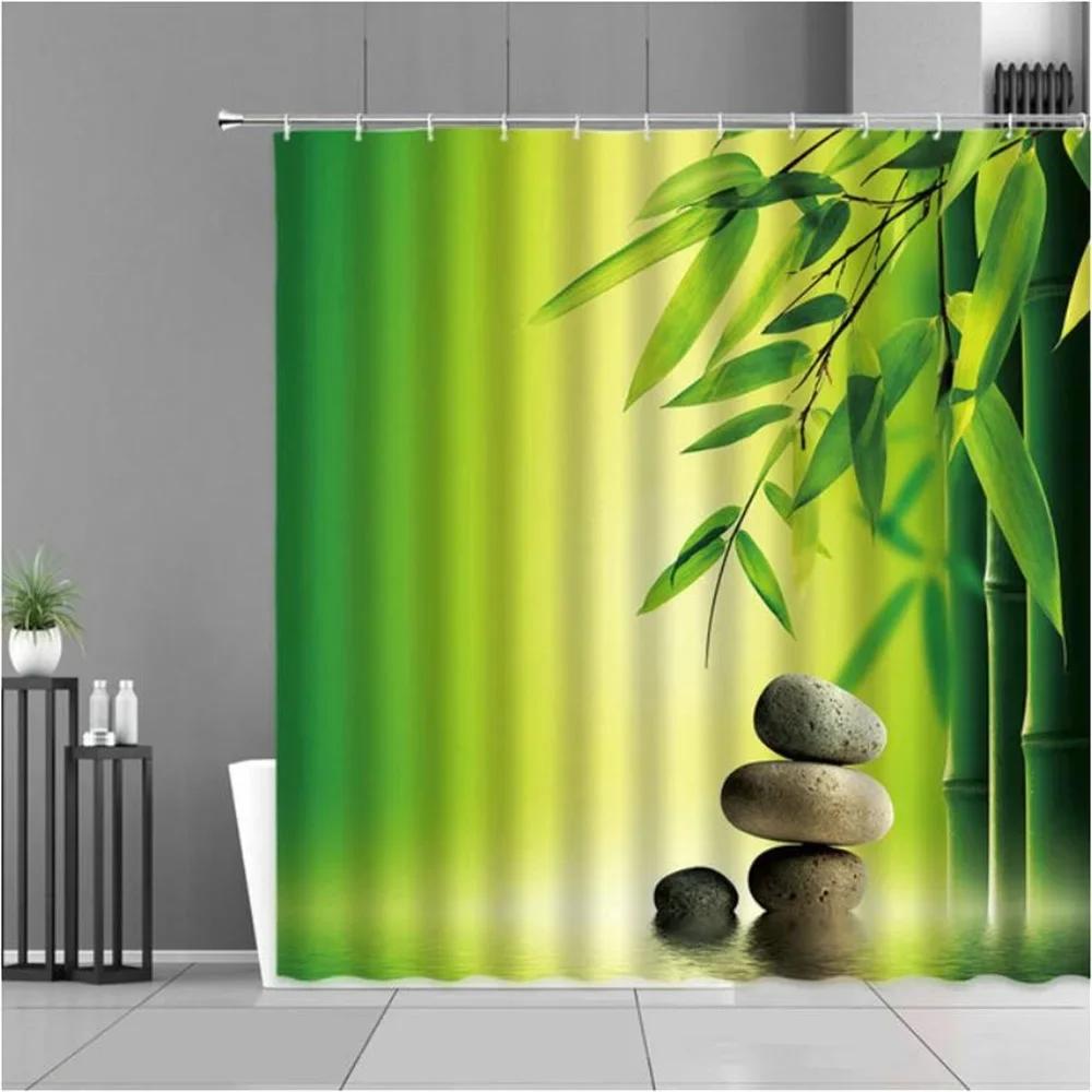 Zen Green Bamboo Shower Curtains Stone Buddha Lotus Candle Asian Japanese Spa Garden Scenery Bath Curtain Fabric Bathroom Decor