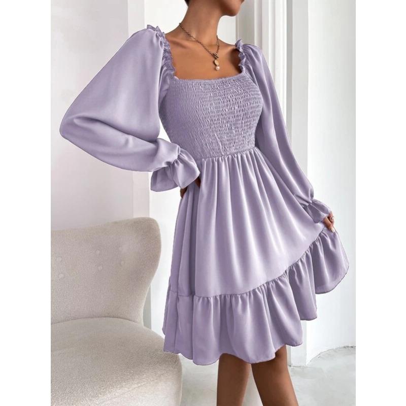 Abito da donna semplice scollo quadrato cucitura parallela in crepe corpo orlo arricciato abiti primavera estate