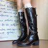 Blaue Kabinett-Edition~ Damen-Retro-Stiefel mit dickem Absatz, Ritterstiefel aus weichem Leder, weiter Schaft, Kreuzschnalle an der Spitze, Kniehohe Lokomotivstiefel
