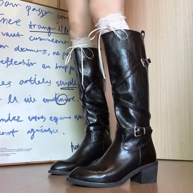 Blaue Kabinett-Edition~ Damen-Retro-Stiefel mit dickem Absatz, Ritterstiefel aus weichem Leder, weiter Schaft, Kreuzschnalle an der Spitze, Kniehohe Lokomotivstiefel