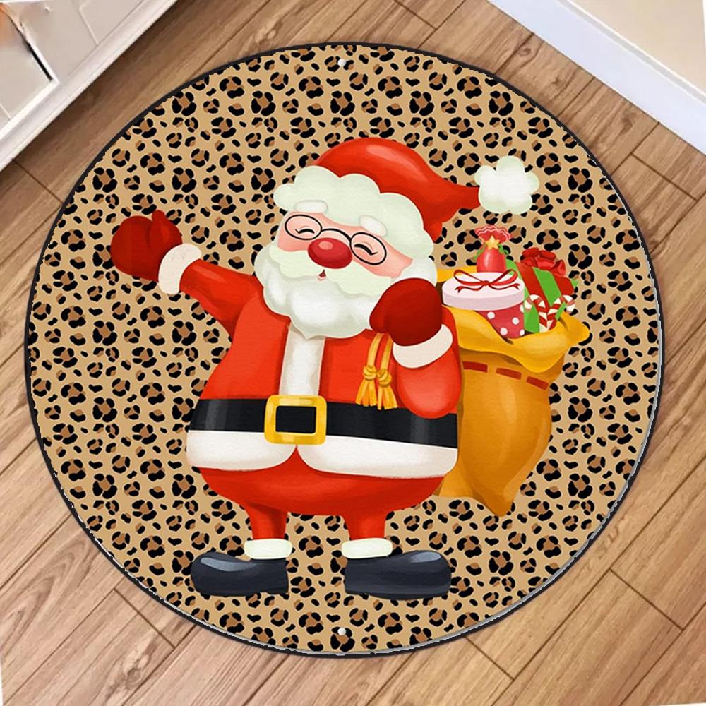 Cartoon Vintage Leopard Santa Claus Round Carpet Mat Rug Christmas Gift Bag Holly Home Decoration Living Room Bedroom Party