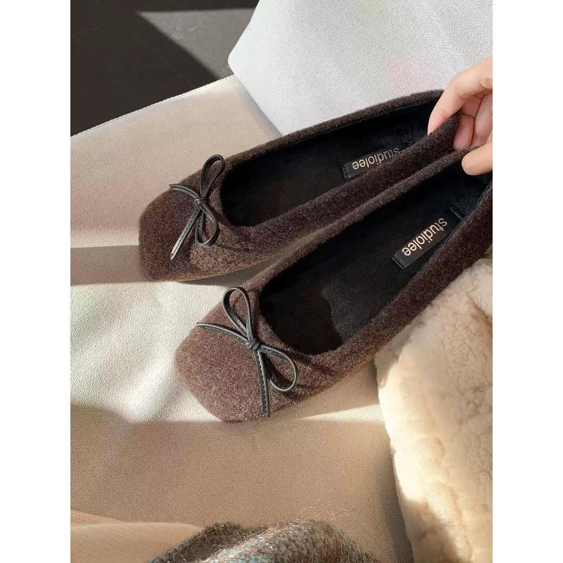 

~ Универсальные осенне-зимние туфли-балетки из шерстяного плюша с бантом, теплые, с неглубоким вырезом, женские 40 коричневый