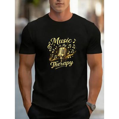 Europäische Größen Goldenes Retro-Mikrofon mit Musiksymbol-Aufdrucken | Lässiges Kurzarm-T-Shirt,