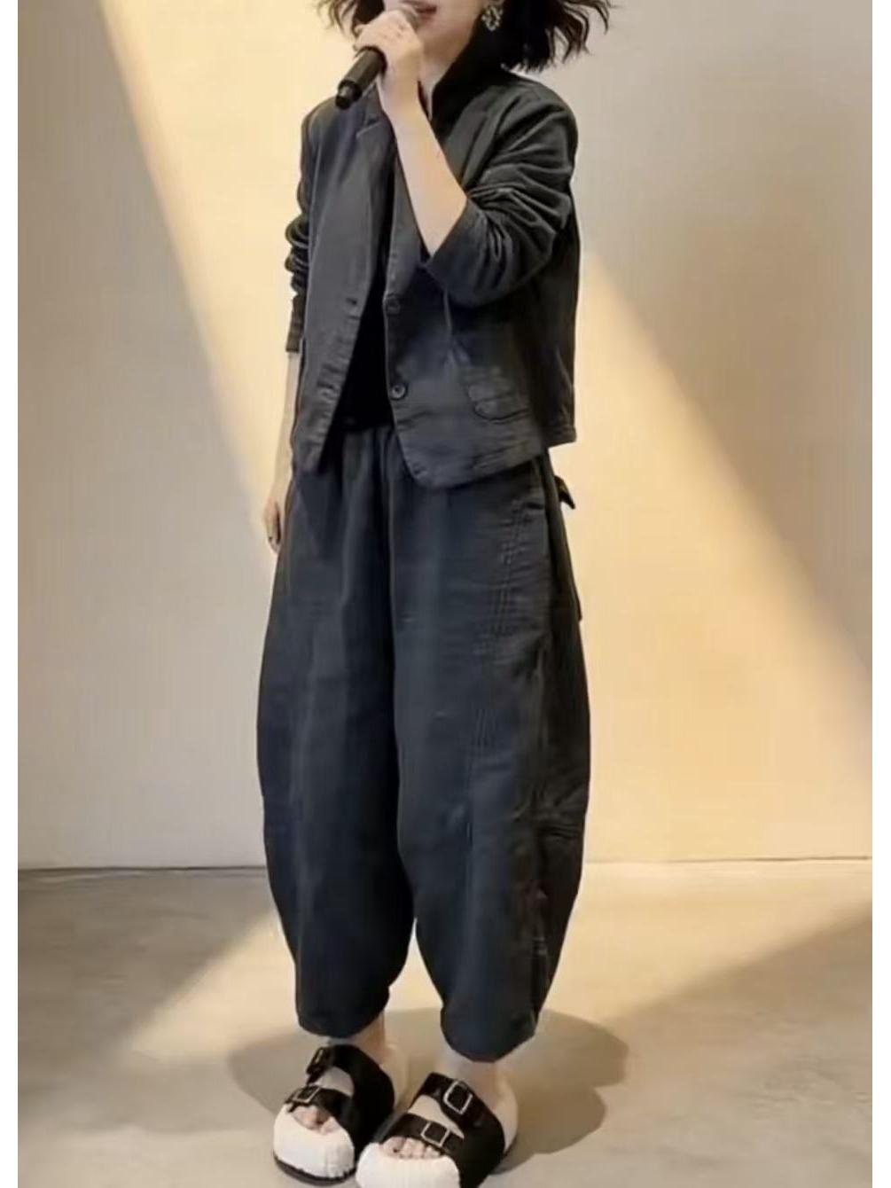 

Artistic Retro Spring 2026 Long Sleeve Cardigan and Wide Leg Pants Set 3XL