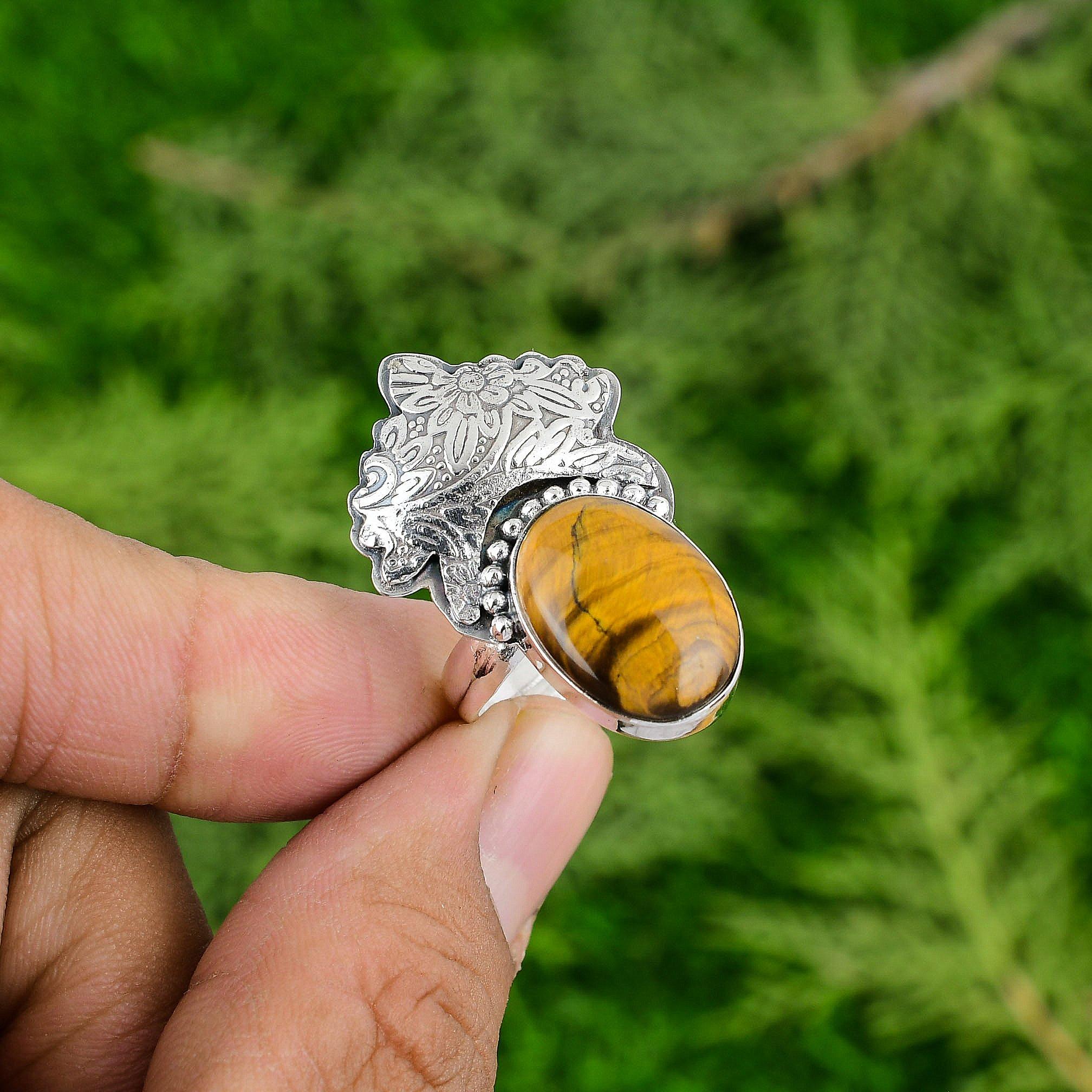 

Sacral Chakra Natural Tigers Eye 925 Silver Wife Promise Artisan Stackable Ring Adjustable