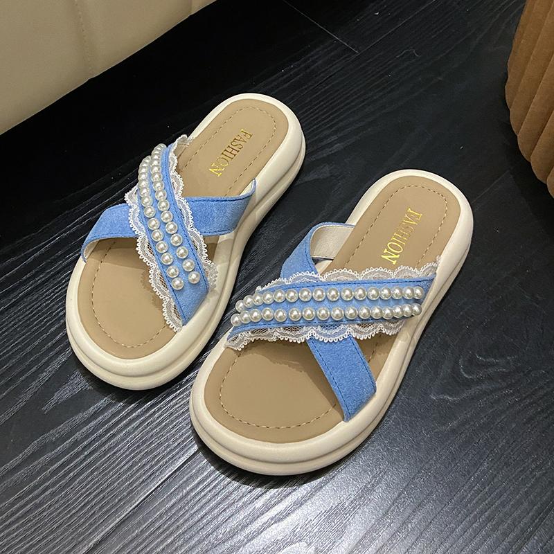 Fashion Platform Flat Slippers Fashion Round Head Cross Strap with Beaded Lace Edge Soft Sole Anti-slip Wear-resistant Sandals
