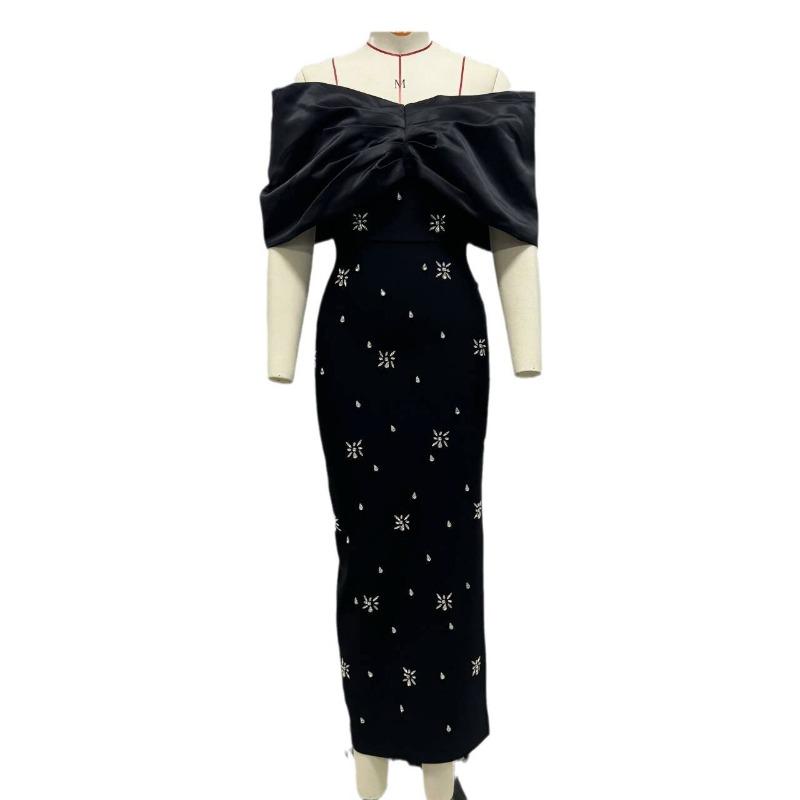 tube top bandage evening dress temperament sexy one-word shoulder dress heavy industry hot drill slim and thin bandage skirt