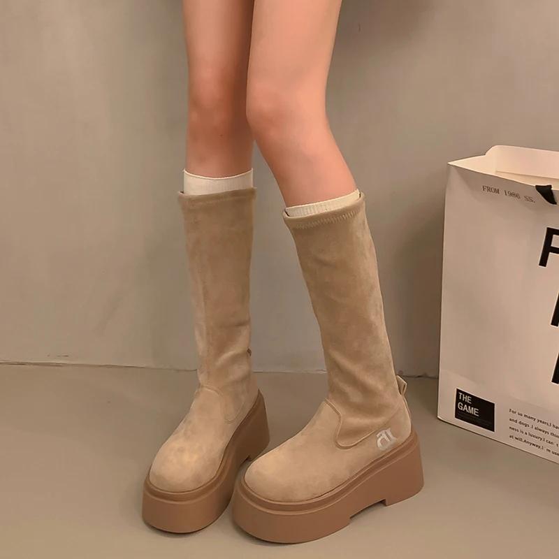 Strečové dámské kozačky nad koleno Módní nazouvací boty Podzim Zima Platformové baleríny Dámské rytířské dlouhé kotníkové boty