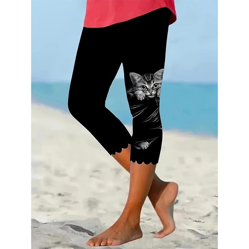 Casual Gato Estampado Slim Fit Mulheres Leggings Capris Moda Cintura Alta Correndo Calças Lady Elegante Skinny Moda Feminina Leggings Calças 24520