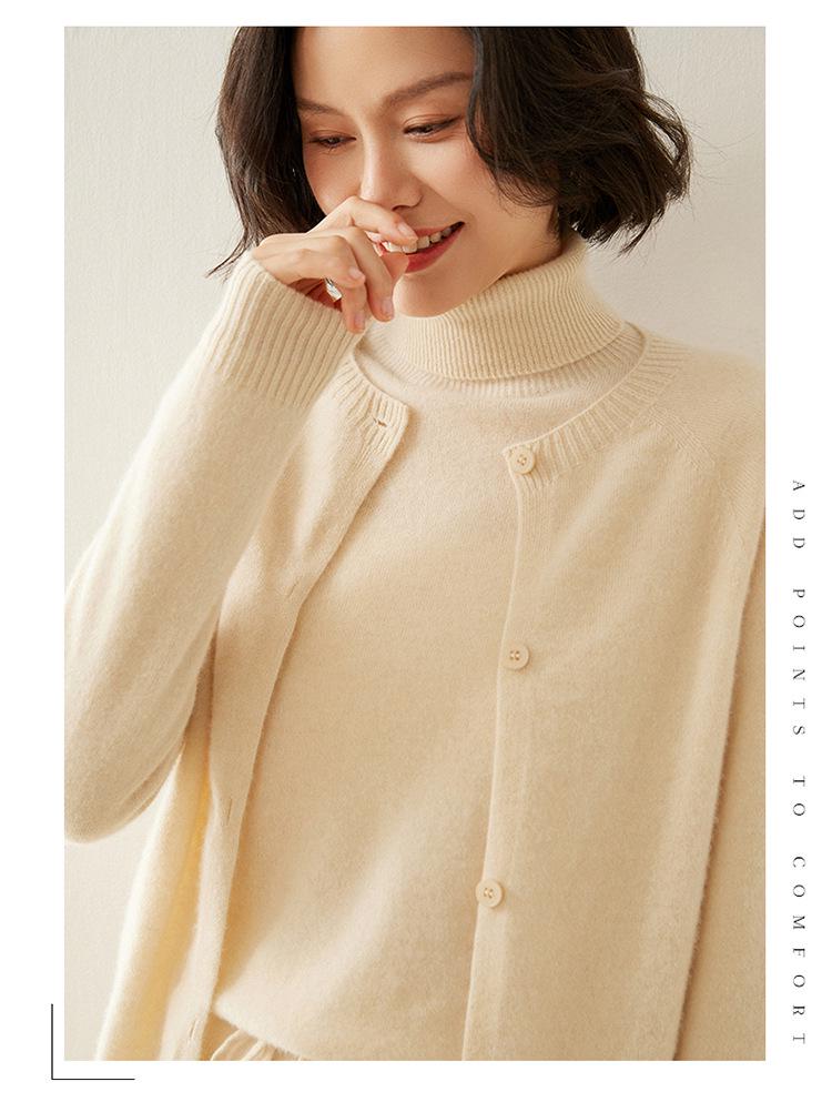 Women's Cashmere Round Neck Cardigan - Autumn/Winter Slim Fit Knitted Sweater, Solid Color, Versatile Outerwear