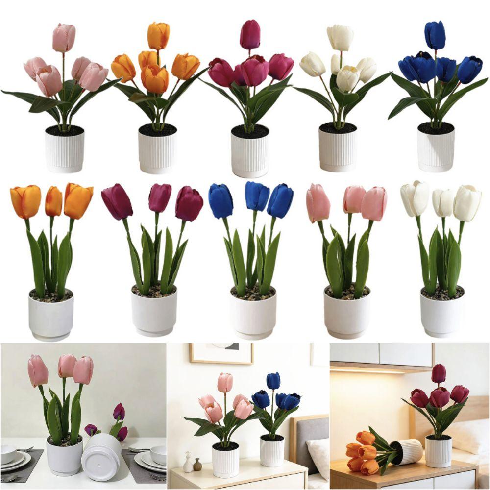 3/5 Heads Artificial Tulip Flower Bonsai Multicolor White Flowerpot Simulation Flower Bonsai Photo Props Faux Flower Potted Gift