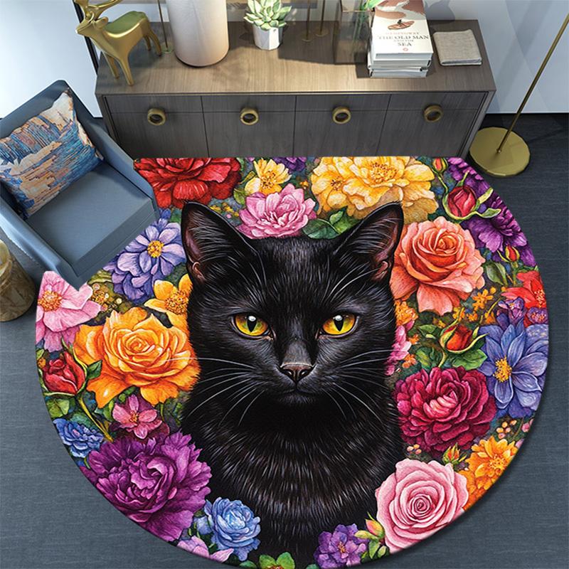 Black Cat Floral Round Area Rug,Carpet Rug for Living Room Bedroom Sofa Playroom Decor,Non-slip Floor Mat