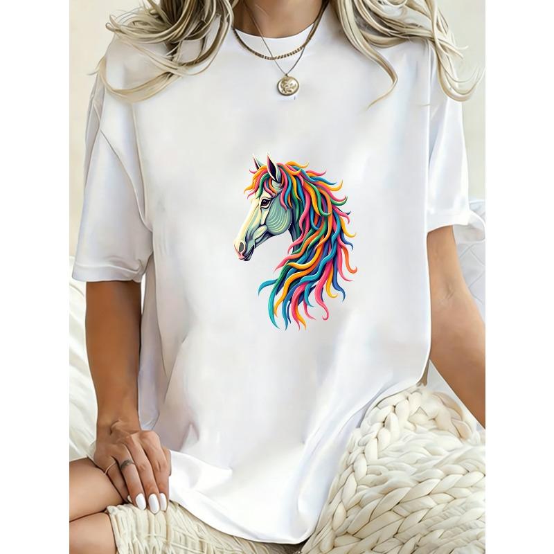 Oversized T Shirt Black Rainbow Horse Print Casual Wear For Women Fashion Statement Piece Street Style Outfit Summer Top Graphic Tee
