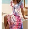 Summer Fashion Women's V Neck Short Sleeve Beautiful Peacock Printed  Dress Sex Short Skirt Dresses