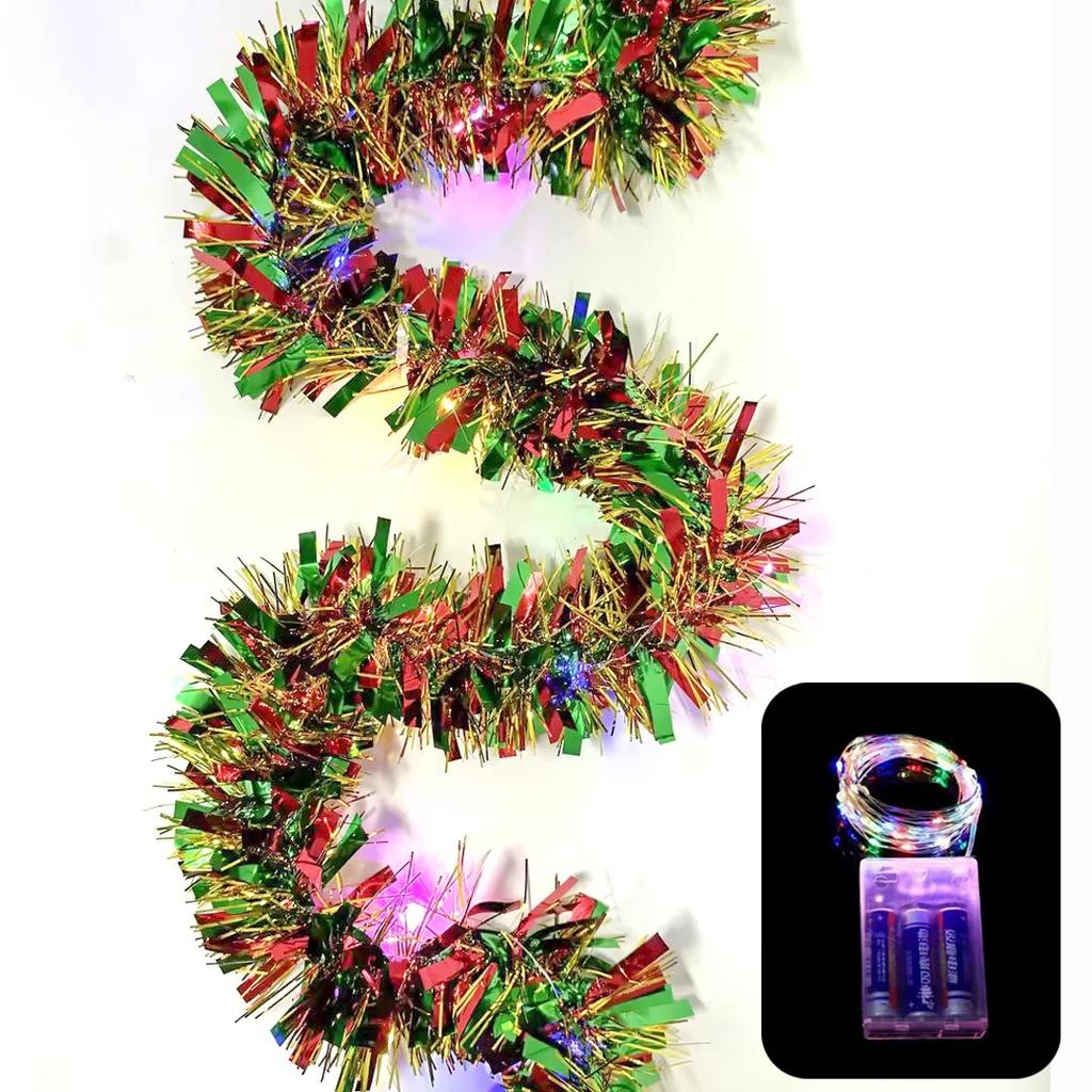 1pc 16 Ft Christmas Tinsel Garland Metallic Shinny with LED Lights Tree Thick Hanging Decorations for Xmas Party Indoor