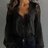Breathable V Neck Sheath Tees Shirt Lantern Sleeves Blouse Fashion Lace Splicing Tops  Lady
