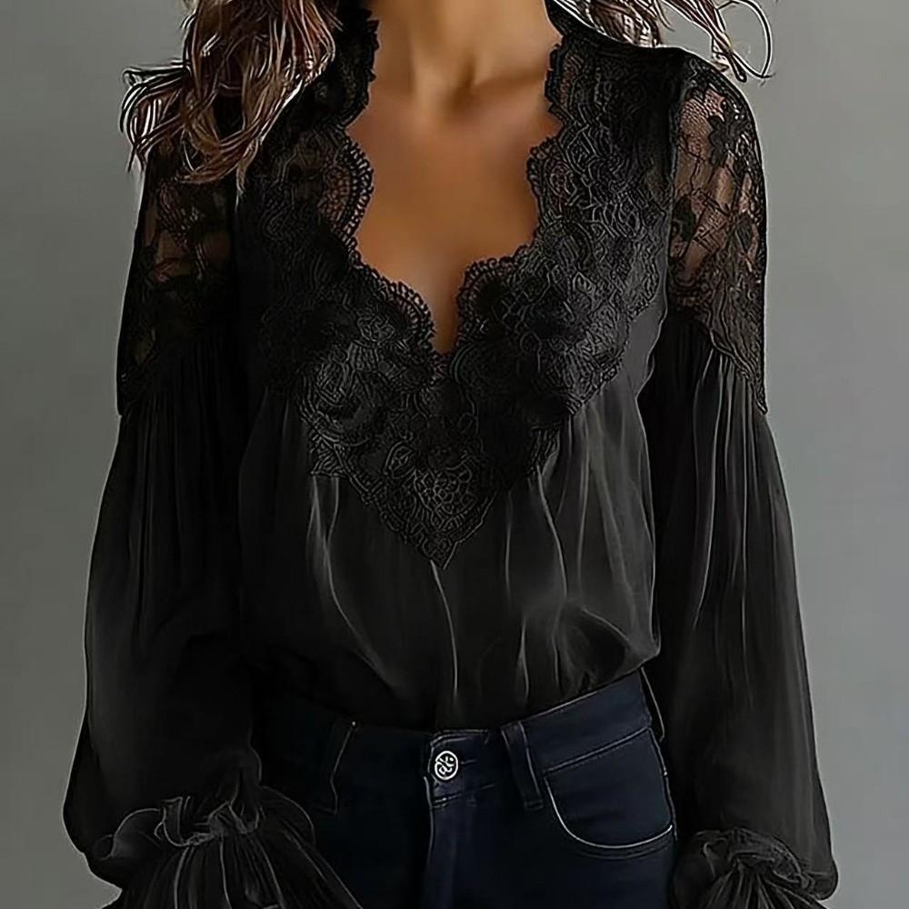 Breathable V Neck Sheath Tees Shirt Lantern Sleeves Blouse Fashion Lace Splicing Tops  Lady