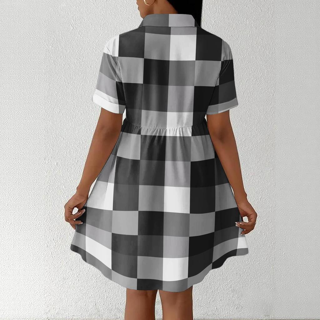 Casual Loose Fit Shirt Dress with Button Front and Stand Collar Short Sleeve Relaxed Fit Plaid Pattern Dress for Women