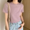 Camiseta feminina clássica de algodão de manga curta: Verão, cor sólida, comprimento até os ombros, gola redonda, corte slim.