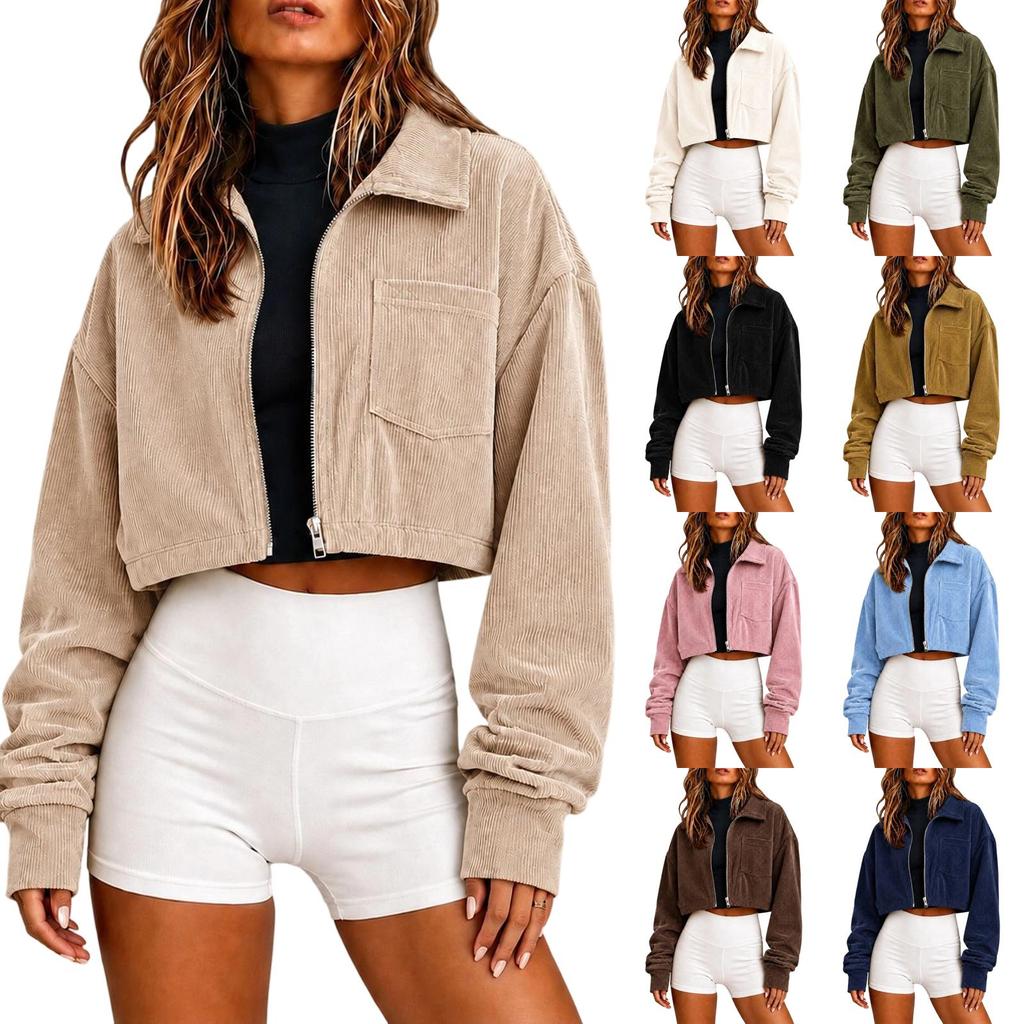 Women's Casual Corduroy Cropped Jacket with Zipper and Long Sleeves, Loose Fit