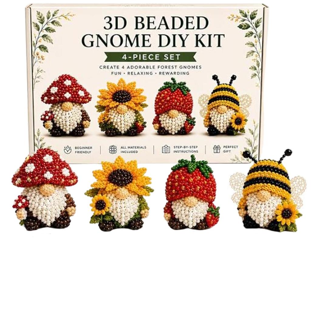 3D Beaded Bird Gnome DIY Kit 4-Piece Set Includes Step-by-Step Instructions Materials and Tools for Crafting Detailed Miniature Gnome Figures