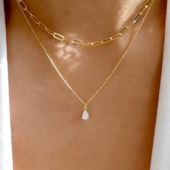 Cubic Zirconia Drop Necklace, Double-Layered Chain Necklace, Elegant Chain Choker Water Drop Pendant Necklace, Jewelry Gift for Women Wife Her