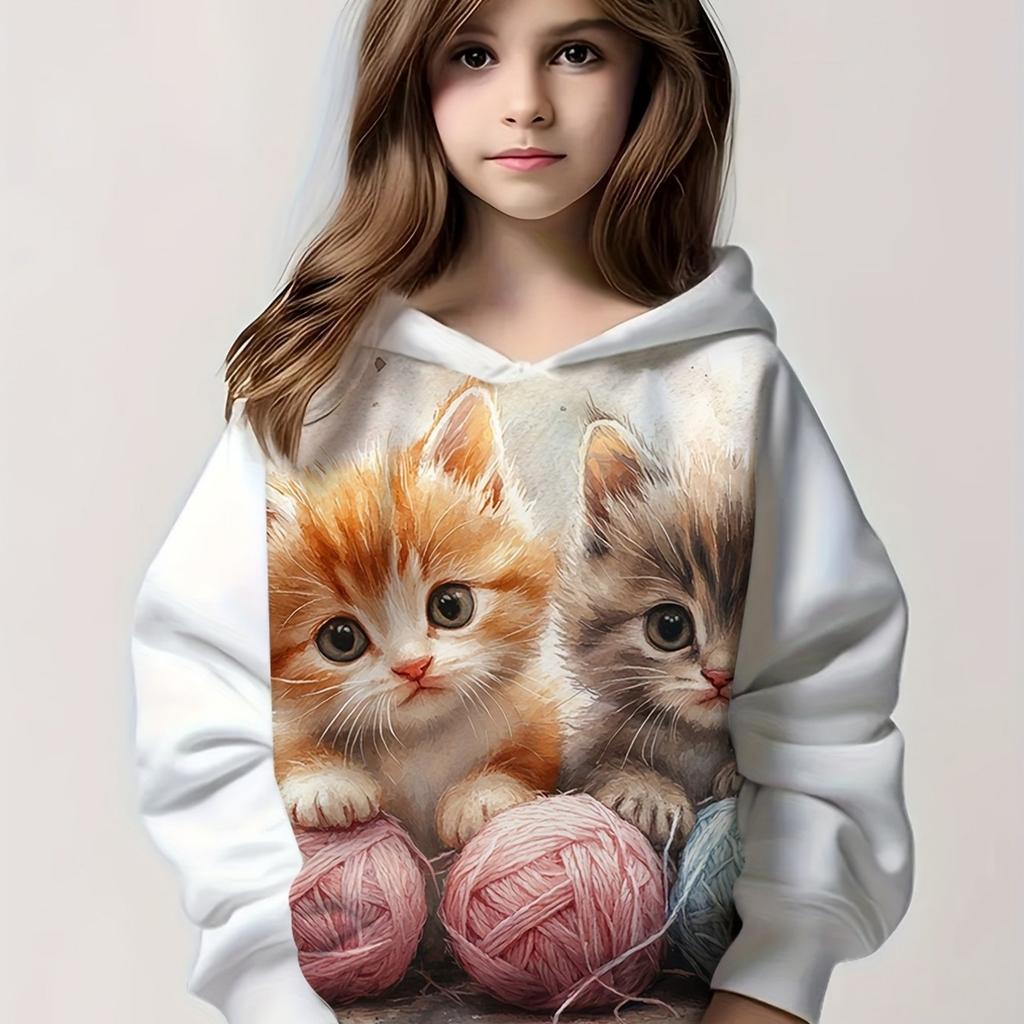 Kids Clothes Girl Hoodies Long Sleeve Cartoon 3D Cat Print Children Spring Fall Clothes Casual Cute Outdoor Girl Clothes Tops