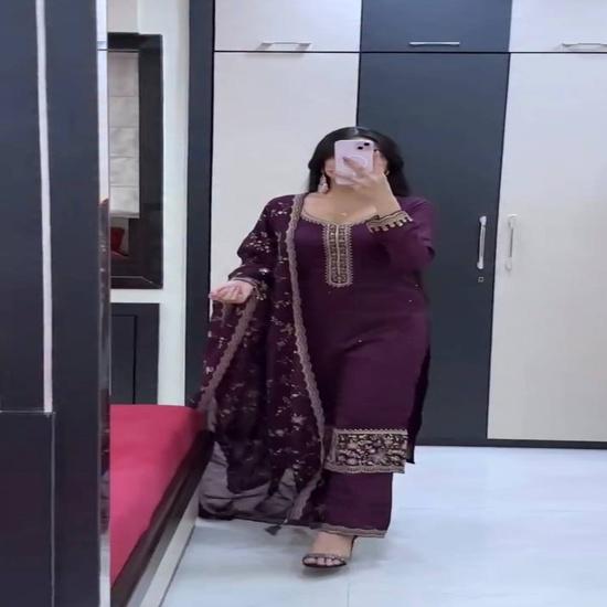 Royal Deep Purple Embroidered Kurti with Palazzo & Dupatta Set
