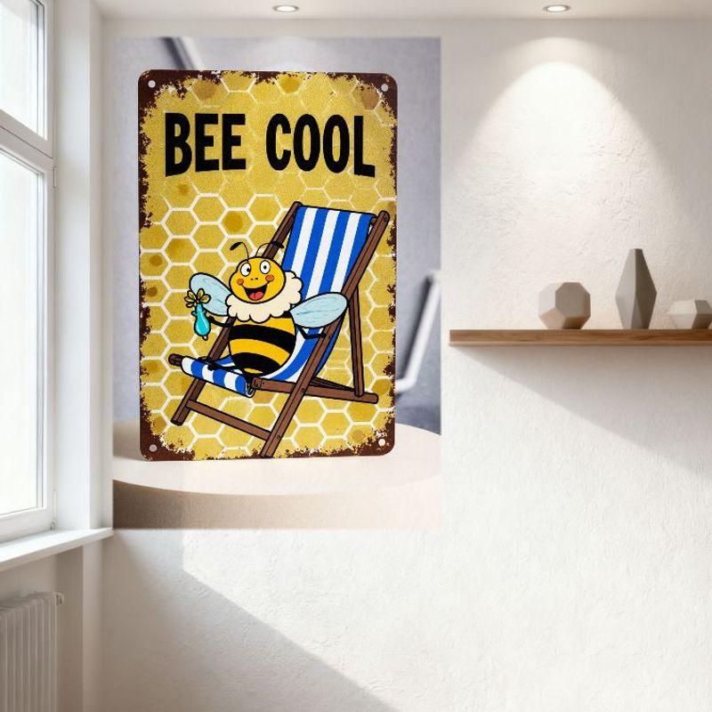 Vintage Bee Cool Metal Tin Sign, Weathered Yellow Honeycomb Pattern with Beach Chair Bee Decoration, Retro Rusty Border for Home