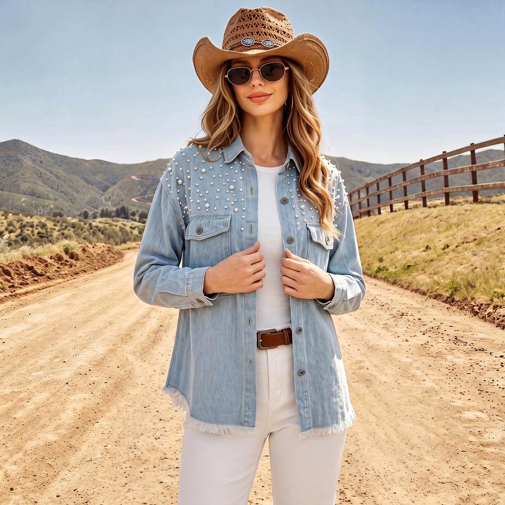 Women's Long Sleeve Denim Jacket with Lapel Collar, Beaded, Cargo Pockets and Hem