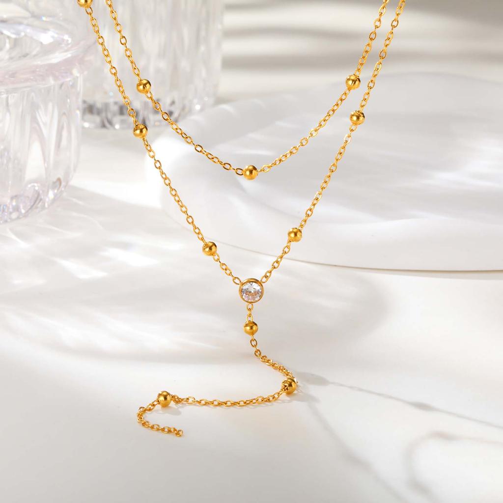 Dainty Bead Chain Zircon Heart-shaped Necklace for Women,Stainless Steel Flower Tassel Double Layer Y-shaped Necklaces Jewelry