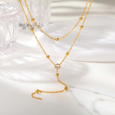 Dainty Bead Chain Zircon Heart-shaped Necklace for Women,Stainless Steel Flower Tassel Double Layer Y-shaped Necklaces Jewelry