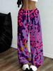 Women's casual wide-leg sweatpants with vibrant purple, pink and yellow abstractions