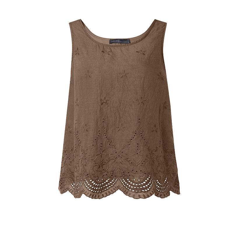 ZANZEA Women Casual Round Neck Loose Sleeveless Lace Crochet Tank Tops
