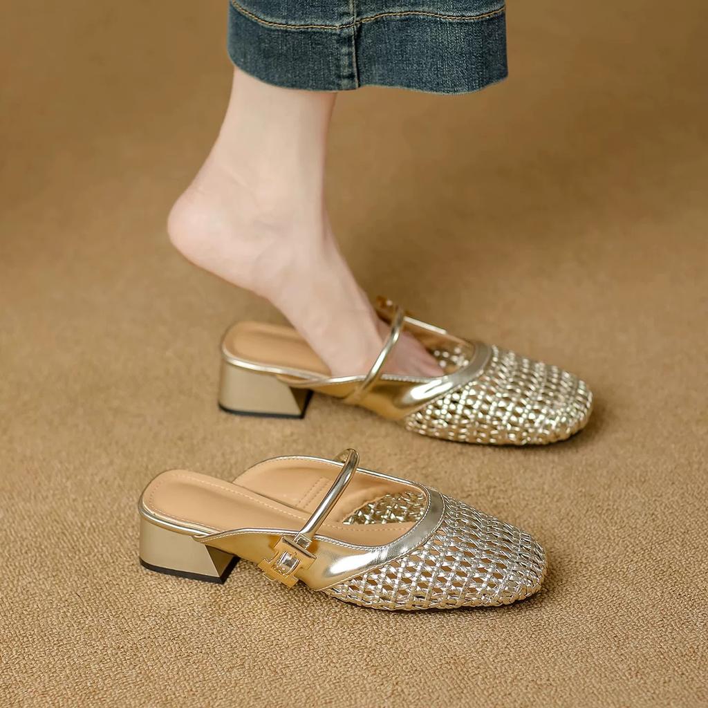 Square head woven hollow bag head half slippers women's 2025 summer new wear thick heel fashion sandals