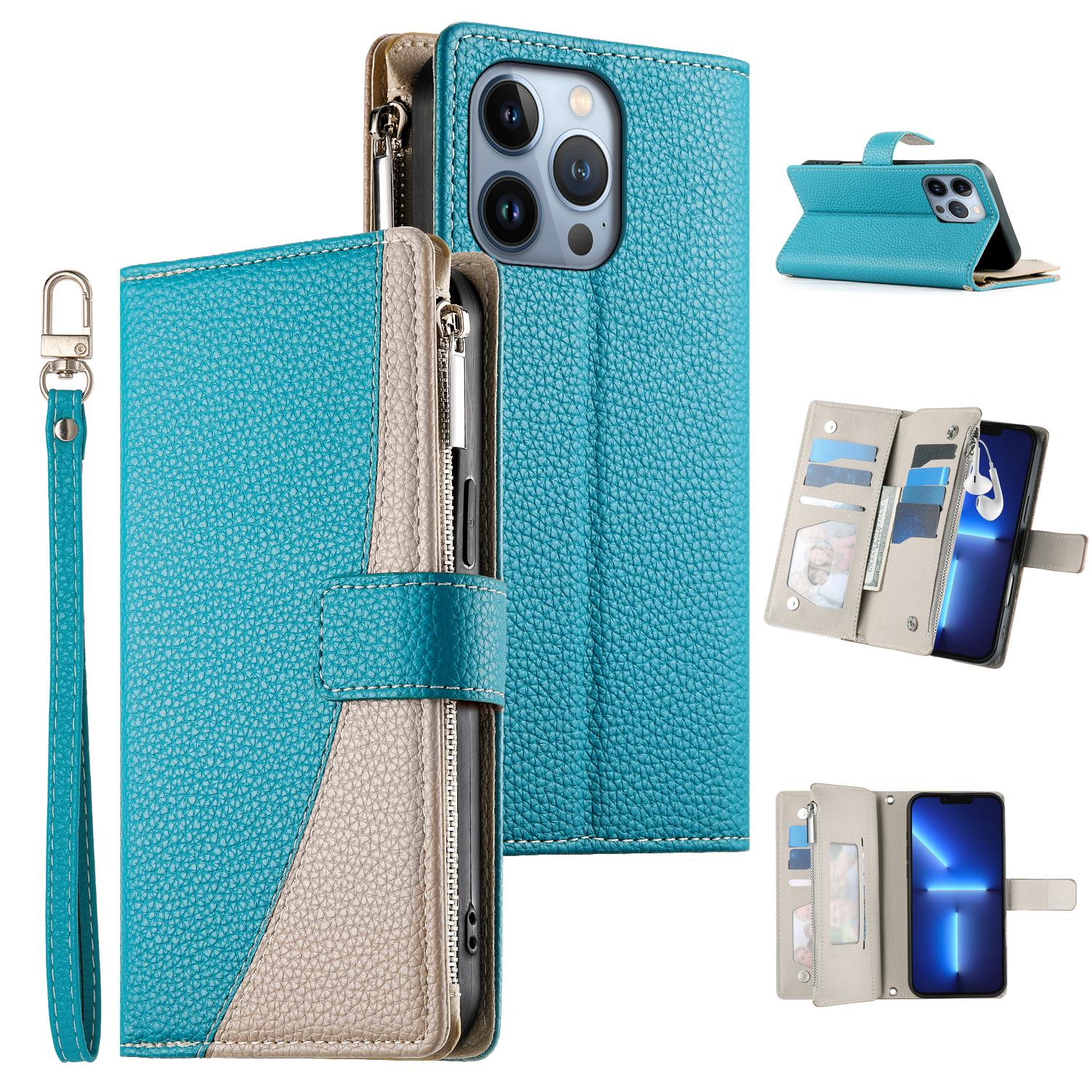 

For iPhone 13 Pro Case Zipper Pocket Wallet Color Splicing Leather Flip Phone Cover with Straps Lake Blue
