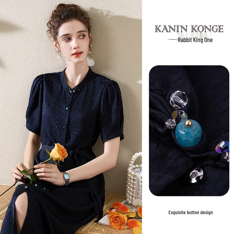 Women s New Chinese Style Mulberry Silk Puff Sleeve Midi Dress M