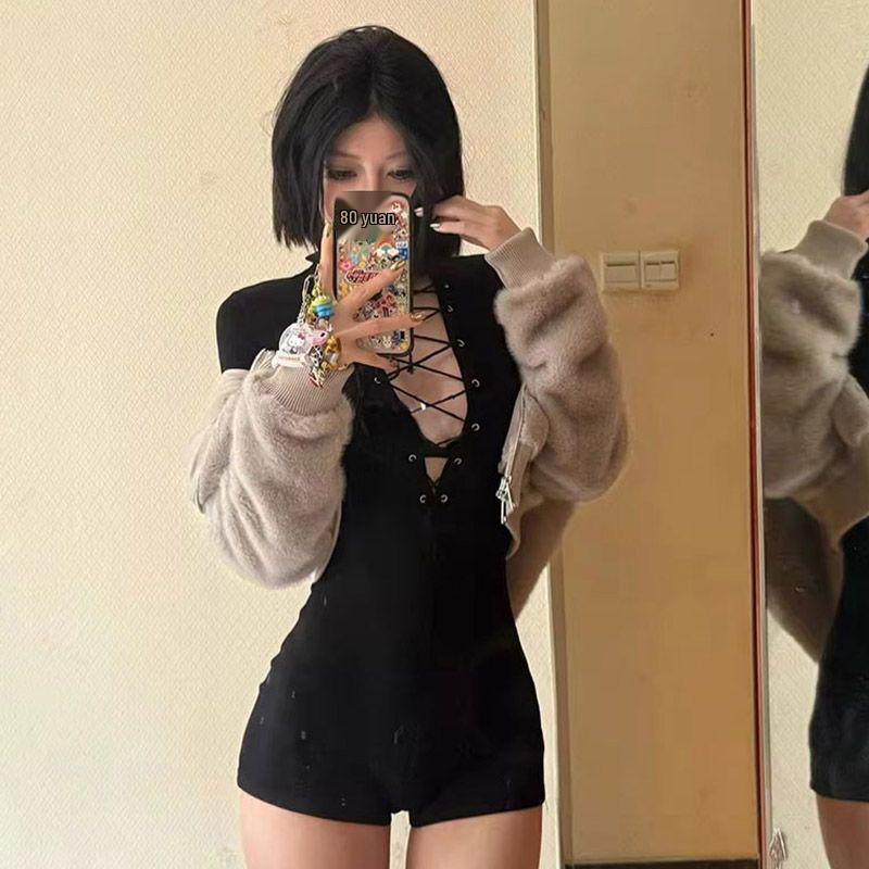 Women's Petite Black Long-Sleeve Bodysuit - Slimming & Sexy Autumn Wear