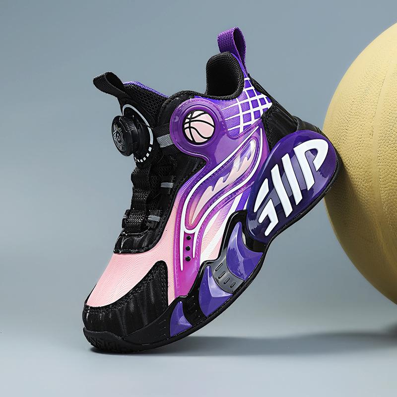 Children's Basketball Shoes Boys Autumn and Winter New Velvet Outdoor Large Cotton Shoes Leather Surface Waterproof Girls Button Sports Shoes