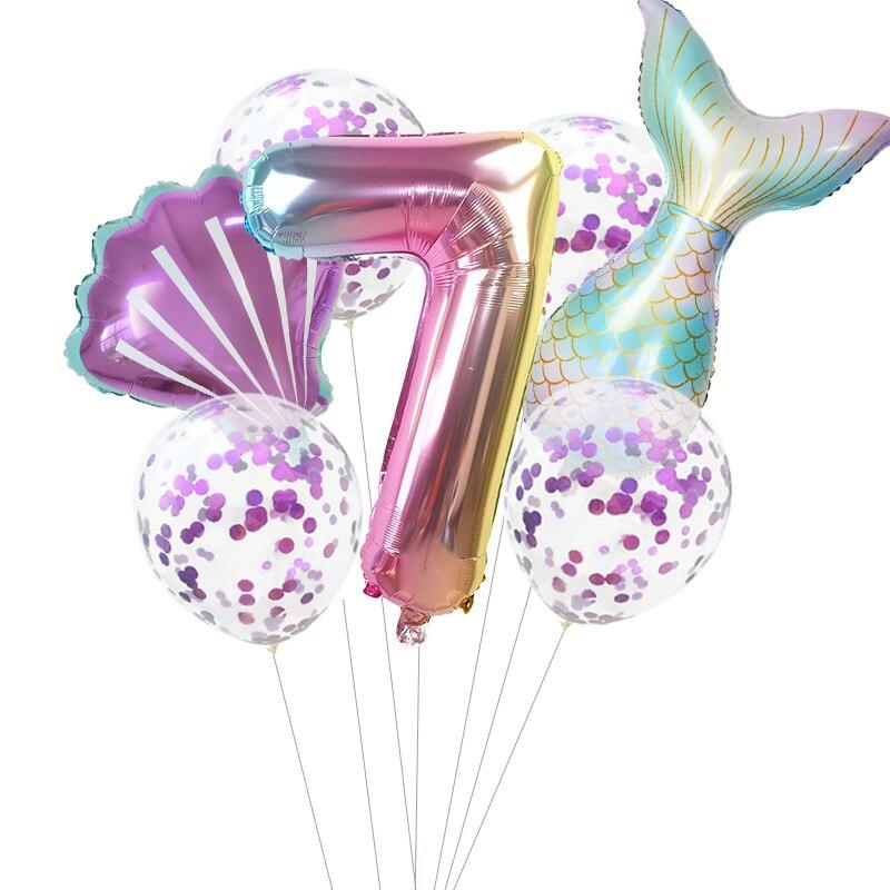 7pc/mermaid Party Birthday Balloon 32 Inch Digital Aluminum Foil Balloon Birthday Party Decoration Baby Shower Decoration Ball