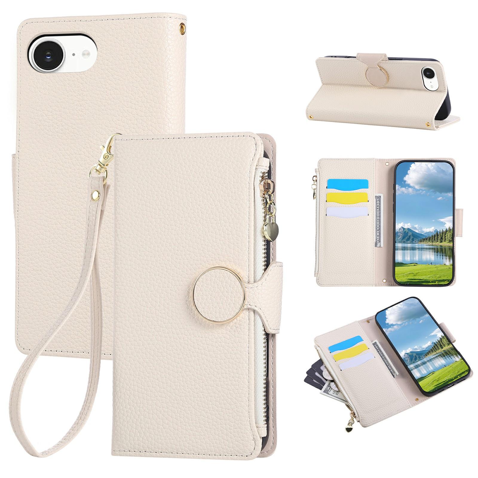 

For iPhone 16e Case Zipper Wallet Leather Phone Cover with Wrist Strap Beige