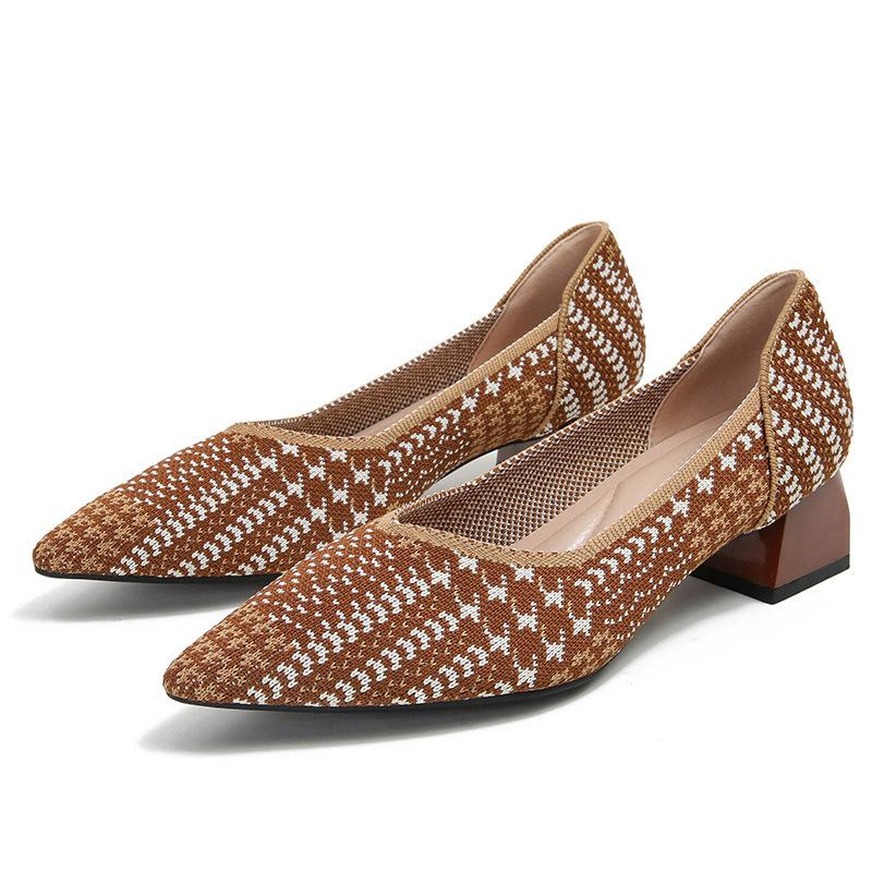 Flying Woven Single Shoes Temperament Fan Color Medium Heel Knitted Pointed Boat Shoes Single Thick Heel