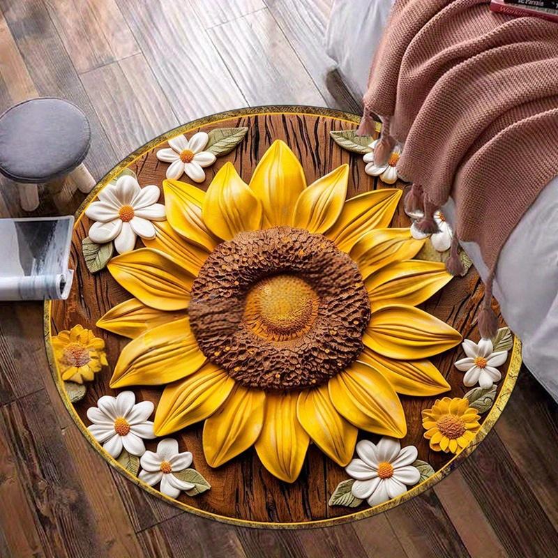 Sunflower Print Round Rug, Non Slip Floral Carpet for Living Room, Bedroom Decor, Soft Washable Floor Mat
