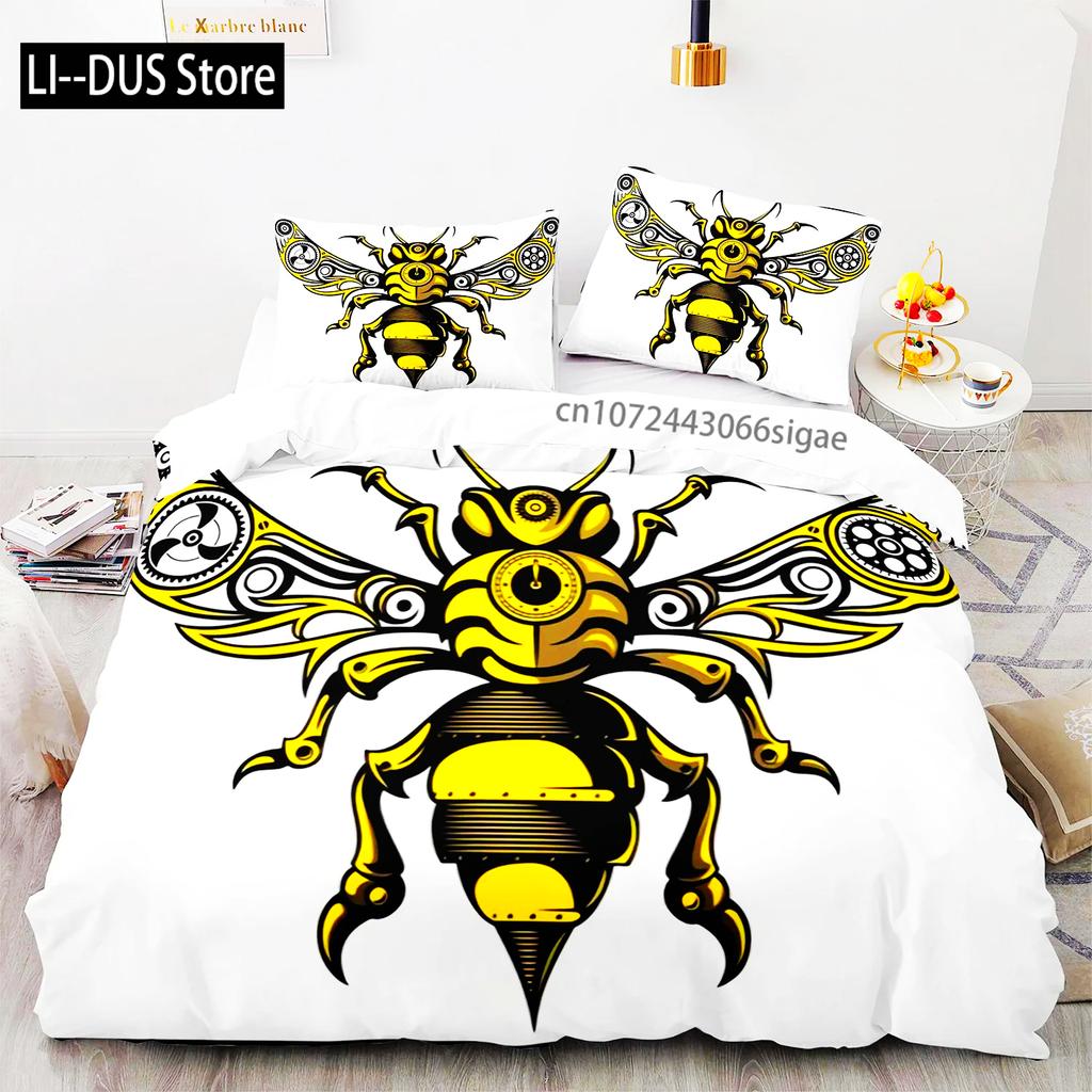 3D-Bienen-Aufdruck Bettwäsche-Set Für Jungen Teenager Polyester Bettwäsche-Set King Queen Größe Gelb Weiß Schwarz Bettbezug Bett