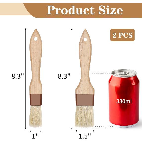 2 Pcs Natural Bristle Pastry Brush, Beech Wooden Handle Basting and BBQ Brushes for Cooking, Butter, Oil, Marinade, Grilling & Baking, Kitchen Food