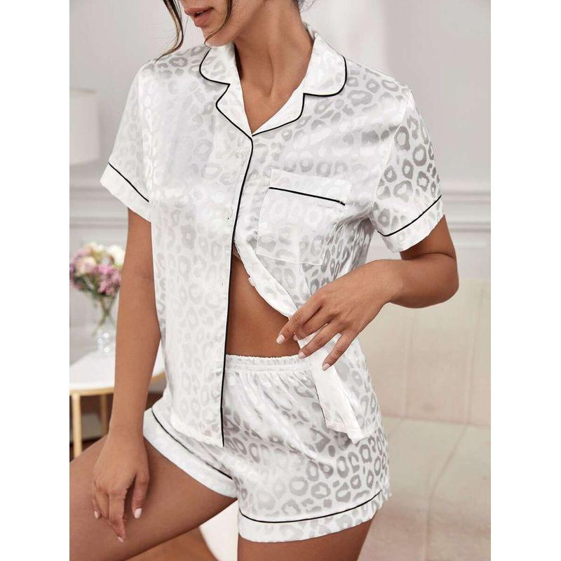 

European and American Cardigan Lapel Pajamas Women Sexy Fashion Casual Homewear Two-piece Suit Women Pajama Women White S